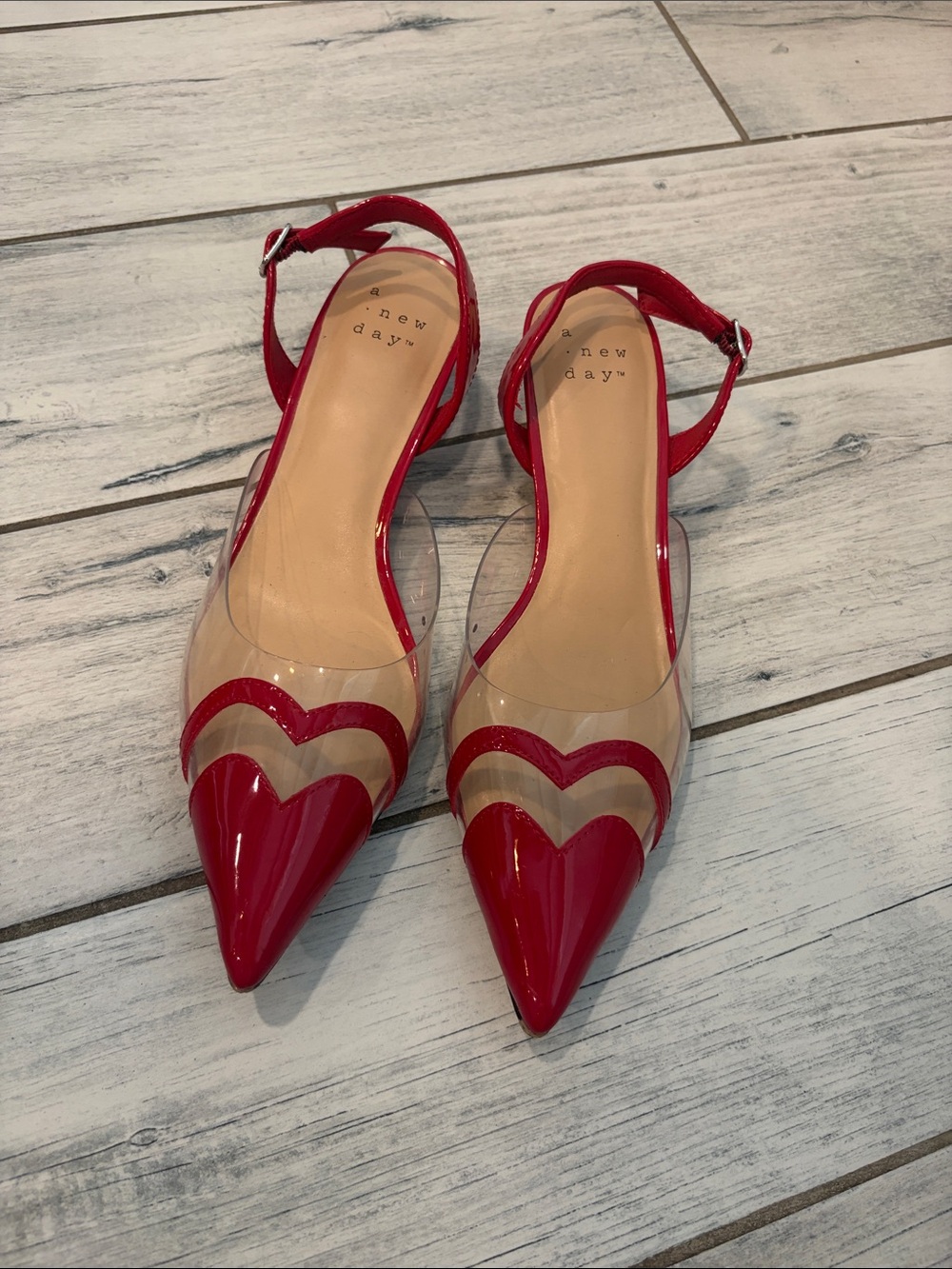 ❤️❤️❤️❤️a new day Red Pointed Toe Heart Accent Ankle Strap Flats